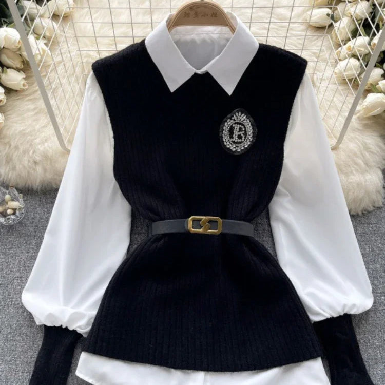 Loose White Shirt Long Sleeve Top Women's Belt Slit Knit Vest Korean Fashion Two Piece Set for Women Blouse Spring New Black letters