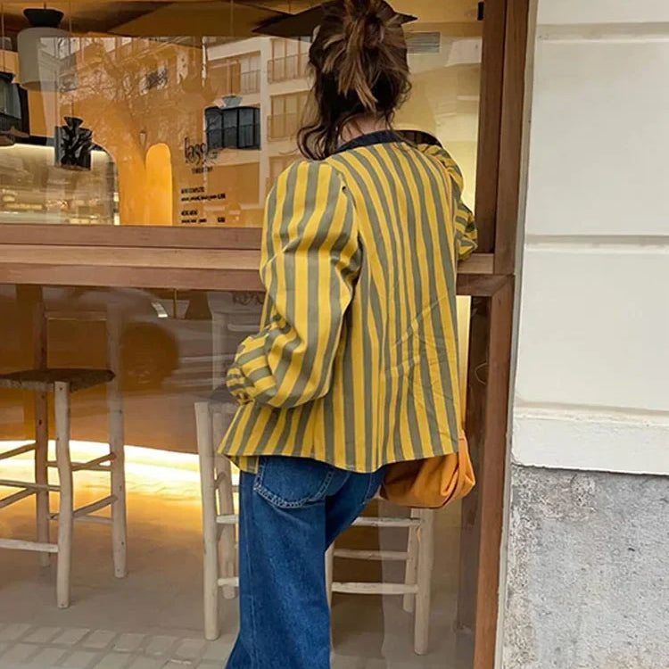 Women Contrasting Stripes Shirt Jacket Elegant Loose O Neck Long Puff Sleeve Thin Coat New Chic Female Artistic Streetwear 2024