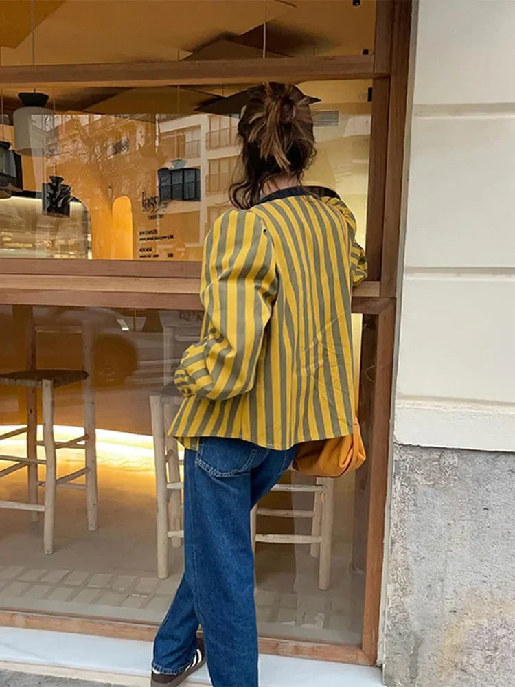 Women Contrasting Stripes Shirt Jacket Elegant Loose O Neck Long Puff Sleeve Thin Coat New Chic Female Artistic Streetwear 2024