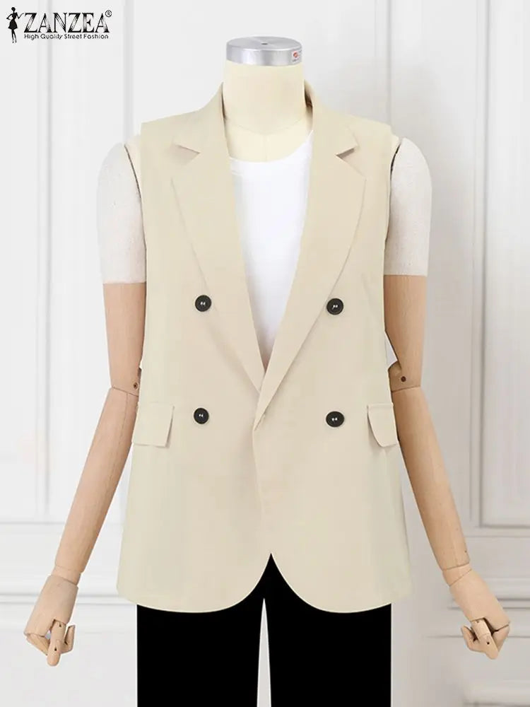 Vintage OL Jacket Casual Lapel Blazer Women Double Breasted Suit Coats Fashion Sleeveless Office Vest Autumn Femme