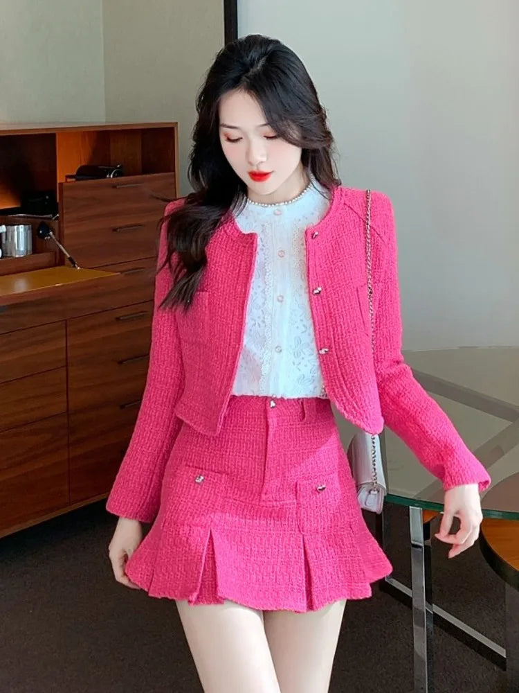 Autumn Winter Tweed 2 Piece Set For Women Short Woolen Tweed Jacket Coat + Bodycon Mini Skirt Set Woman Two Piece Outfits