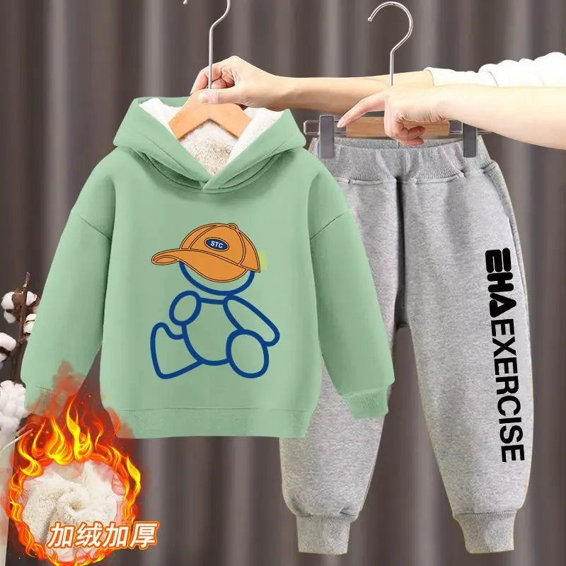 Boys Girls Clothes Hoodies Trousers Sets New Kids Cartoon Autumn Winter Long Sleeve Fleece Warm Sweatshirts Outfits 2Pcs 2-12Y 2pcs Grass green B