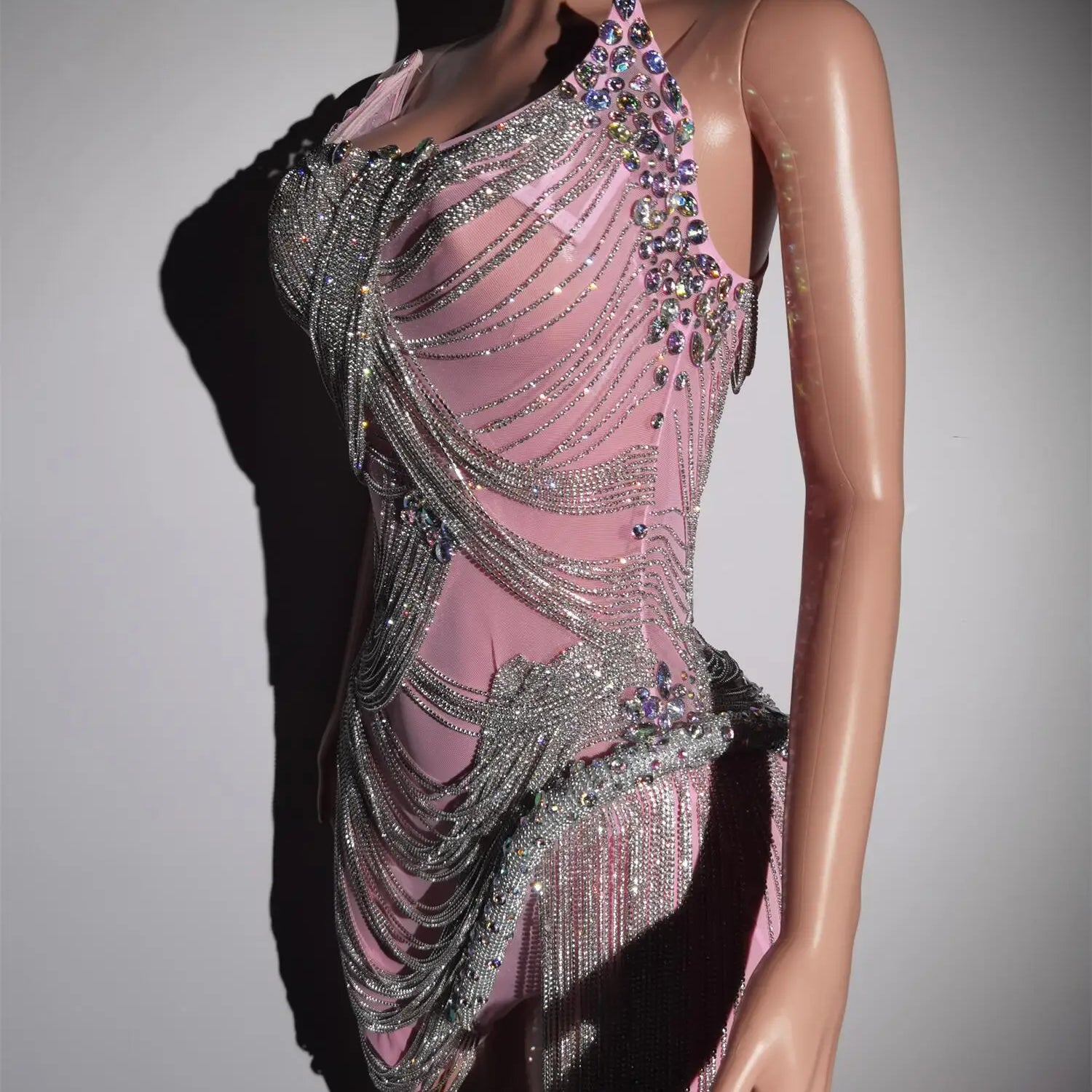 Rhinestones Crystals Fringes Dress Woman Birthday Celebrate Prom Dresses Pink Party Costume Sexy Dancer Stage Outfits Luoli