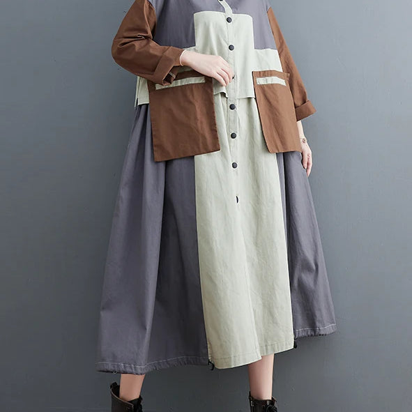 Patchwork Shirt Dresses For Women's Autumn Spring Minority Y2k Contrast big size Dress With Long Sleeve gray One Size