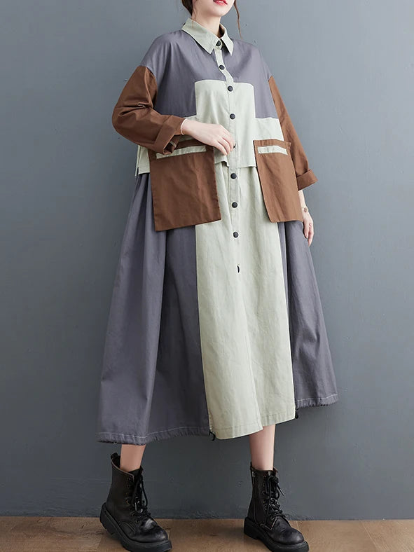 Patchwork Shirt Dresses For Women's Autumn Spring Minority Y2k Contrast big size Dress With Long Sleeve gray One Size