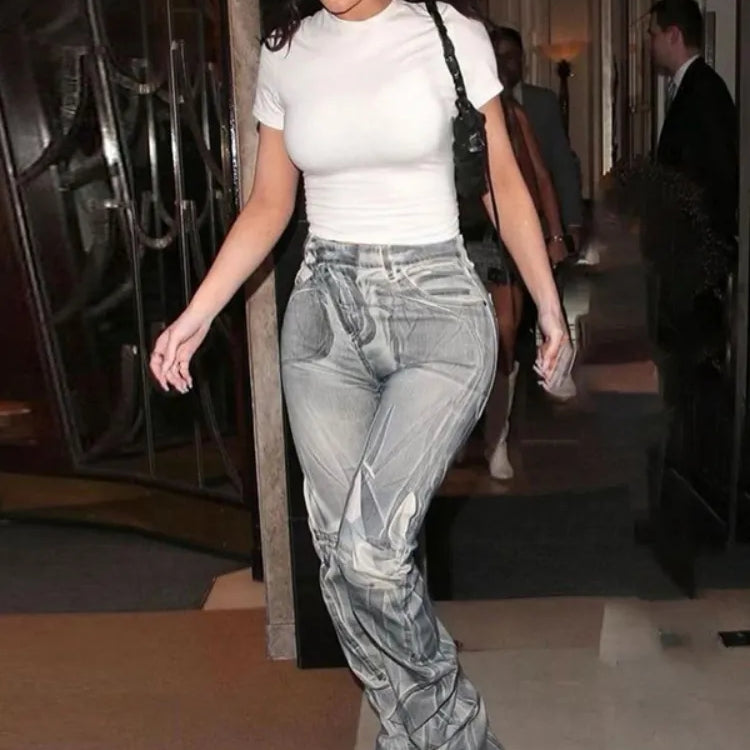 kliou Autumn Women Ankle-Length Casual Flare Pants K22P20690 Girl Street Print Slim Trousers Lady All-match Fake Denim Bottoms GRAY