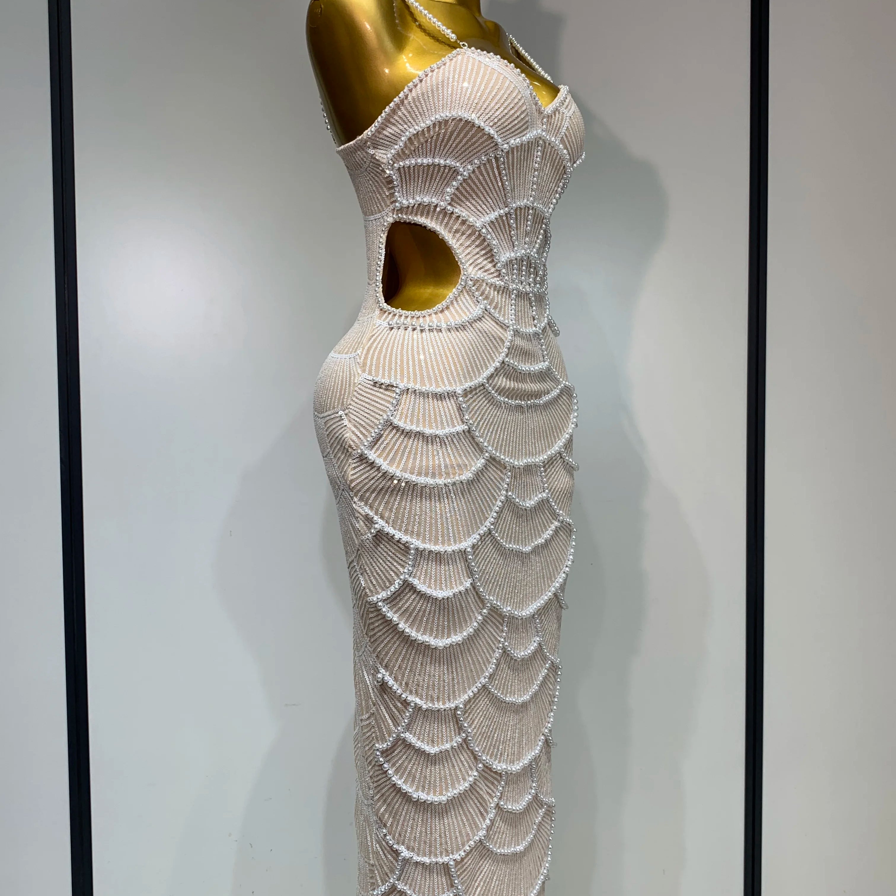 Women Sexy V Neck Pearl Beading Cut Out Maxi Long Bodycon Prom Gowns Dress Luxury Birthday Elegant Evening Party Club Dress