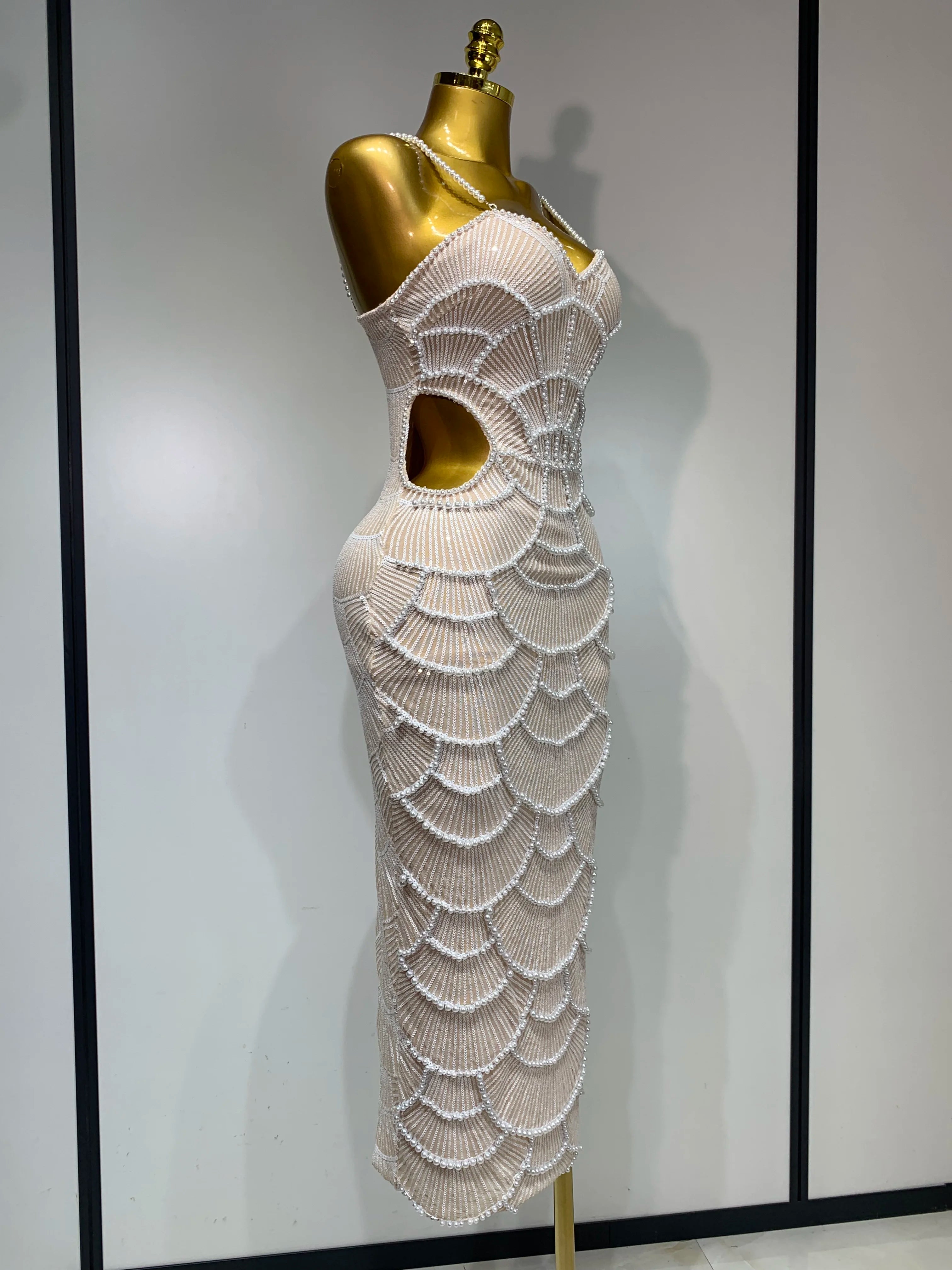 Women Sexy V Neck Pearl Beading Cut Out Maxi Long Bodycon Prom Gowns Dress Luxury Birthday Elegant Evening Party Club Dress