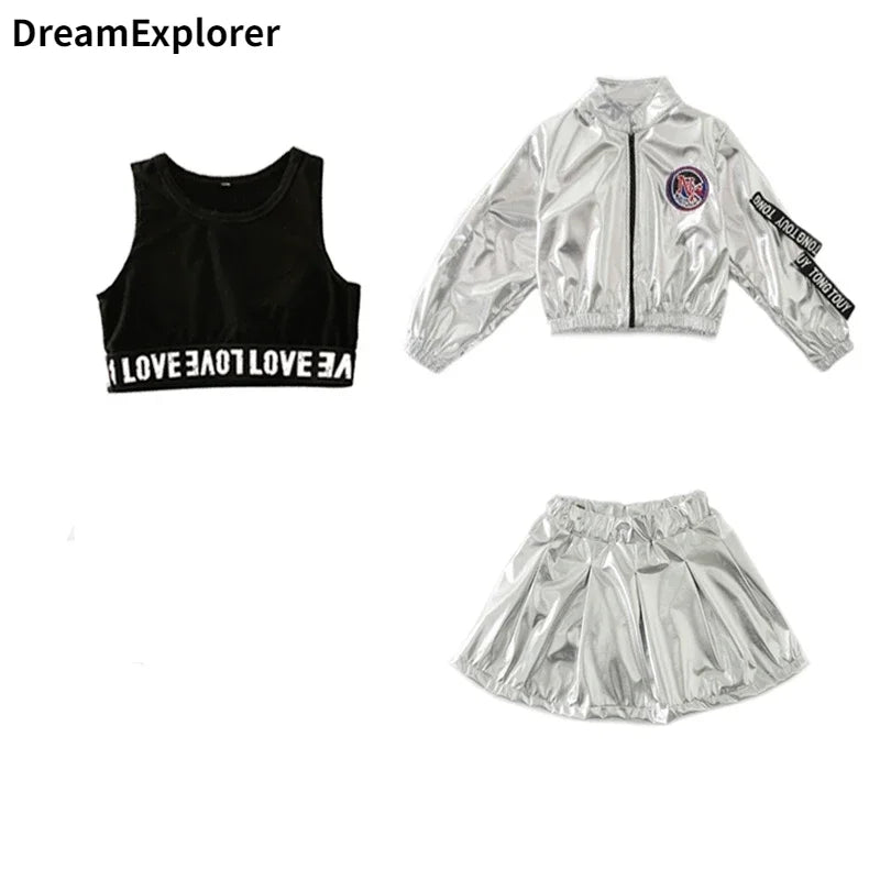 Hip Hop Boys Silver Jacket Girls Jazz Jogger Pants Street Dance Mini Skirt Clothes Sets Kids Sequin Costumes Child Streetwear Girl Skirt 3 Pcs Set