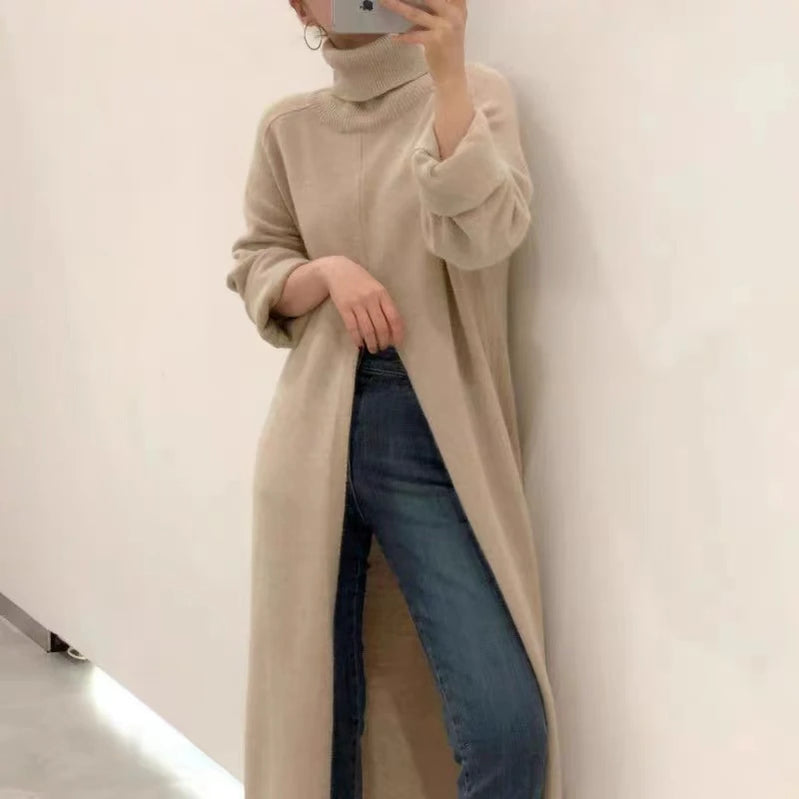 Korean chic autumn/winter niche design with high neck, loose slit, knee length, and slim knit bottom sweater for women