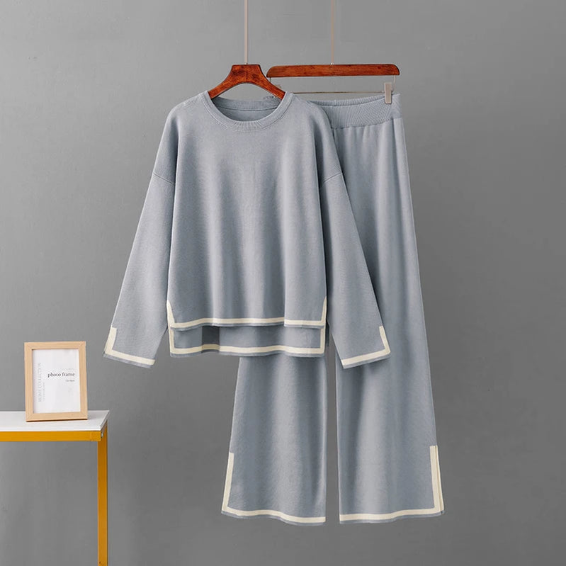 HLBCBG Knitted Women's Trousers Suit Two Piece Set Beige Winter Loose Long Sleeve Knitwear Flare Pants Sets Female Casual Suits GRAY One Size