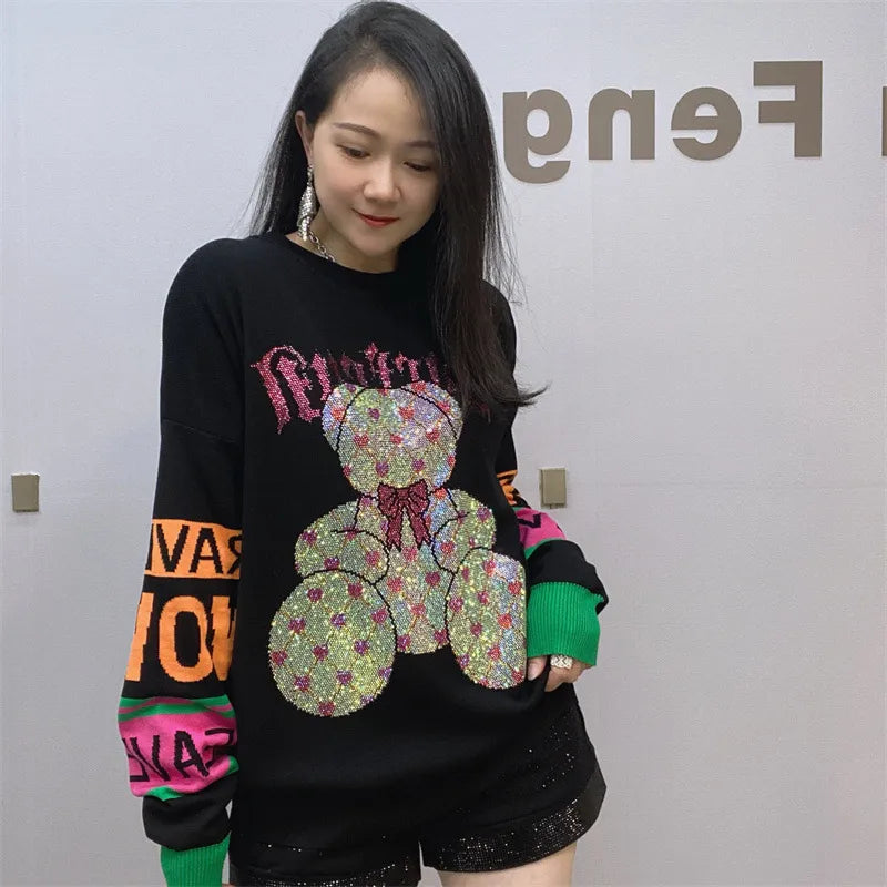 Fashion Cartoon Bear Rhinestone Long Sleeve Sweater Female New Round Neck Black Cotton  Long knitted Sweater Pullover For Women