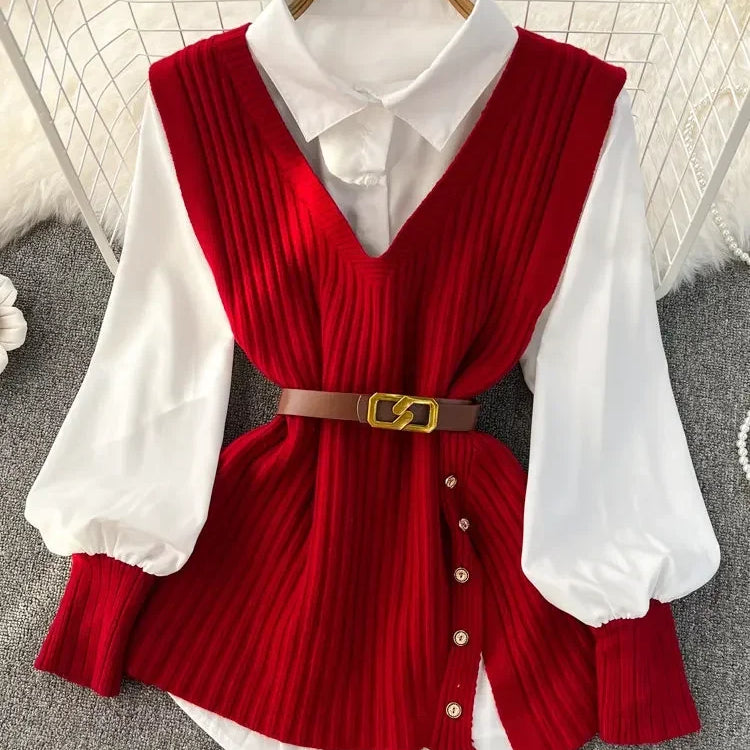 Loose White Shirt Long Sleeve Top Women's Belt Slit Knit Vest Korean Fashion Two Piece Set for Women Blouse Spring New