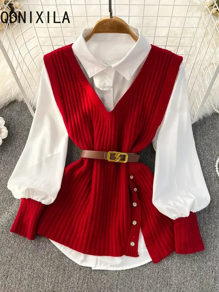 Loose White Shirt Long Sleeve Top Women's Belt Slit Knit Vest Korean Fashion Two Piece Set for Women Blouse Spring New