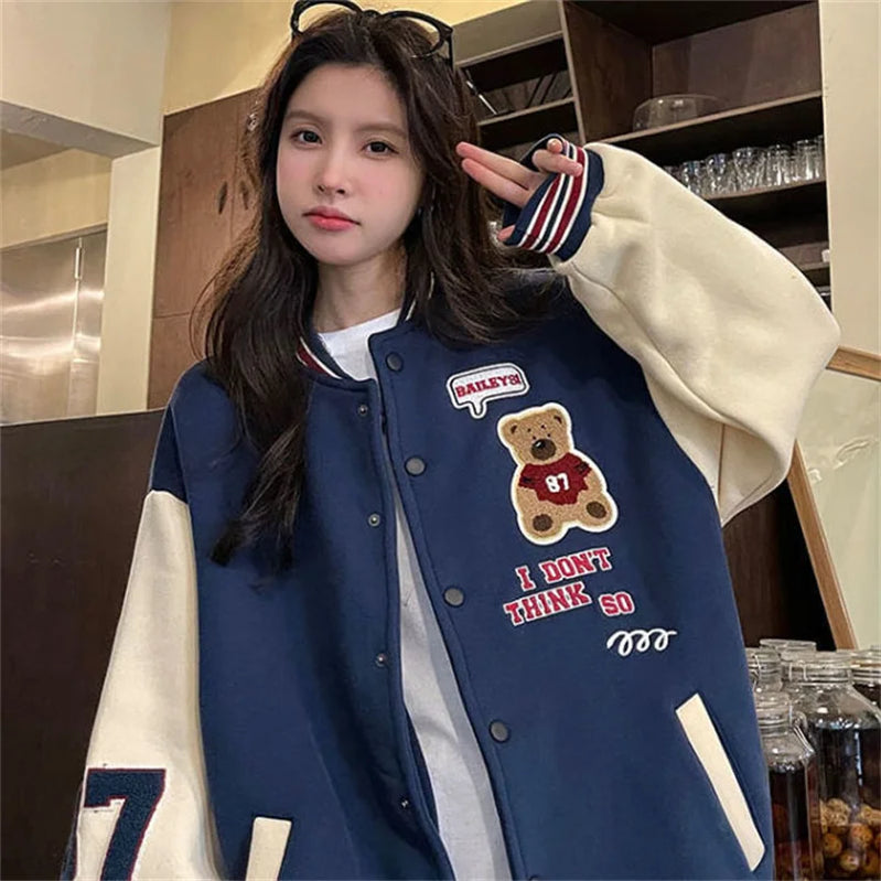 Vintage Bomber Jackets Women Cartoon Bear Baseball Coats Streetwear Female Fashion Hip Hop Casual Ladies Tops Autumn Winter