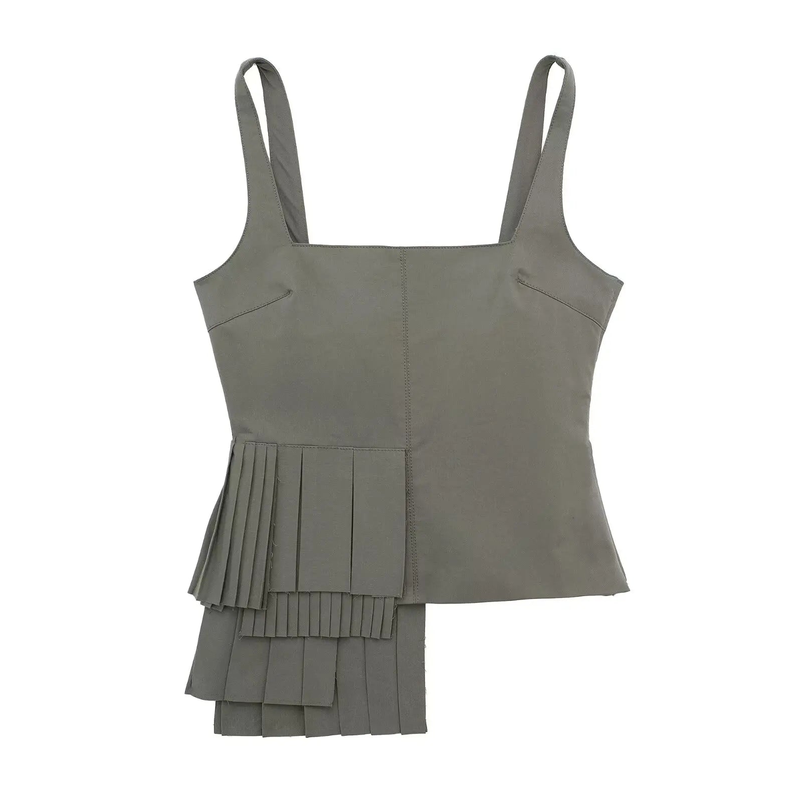 HH TRAF Summer Woman Fashion Asymmetrical Tank Tops Casual Square Neck Slim Fit Sexy Backless Tops Female Chic Pleated Top ArmyGreen
