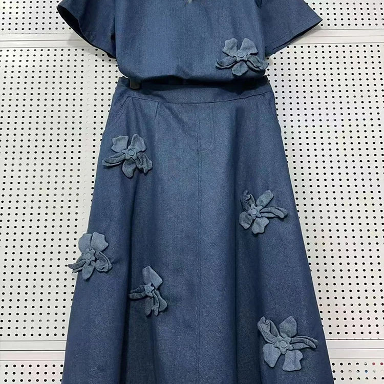 Spring 25 new denim women's suit three-dimensional flower lapel short-sleeved shirt+high waist A-shaped skirt two-piece suit