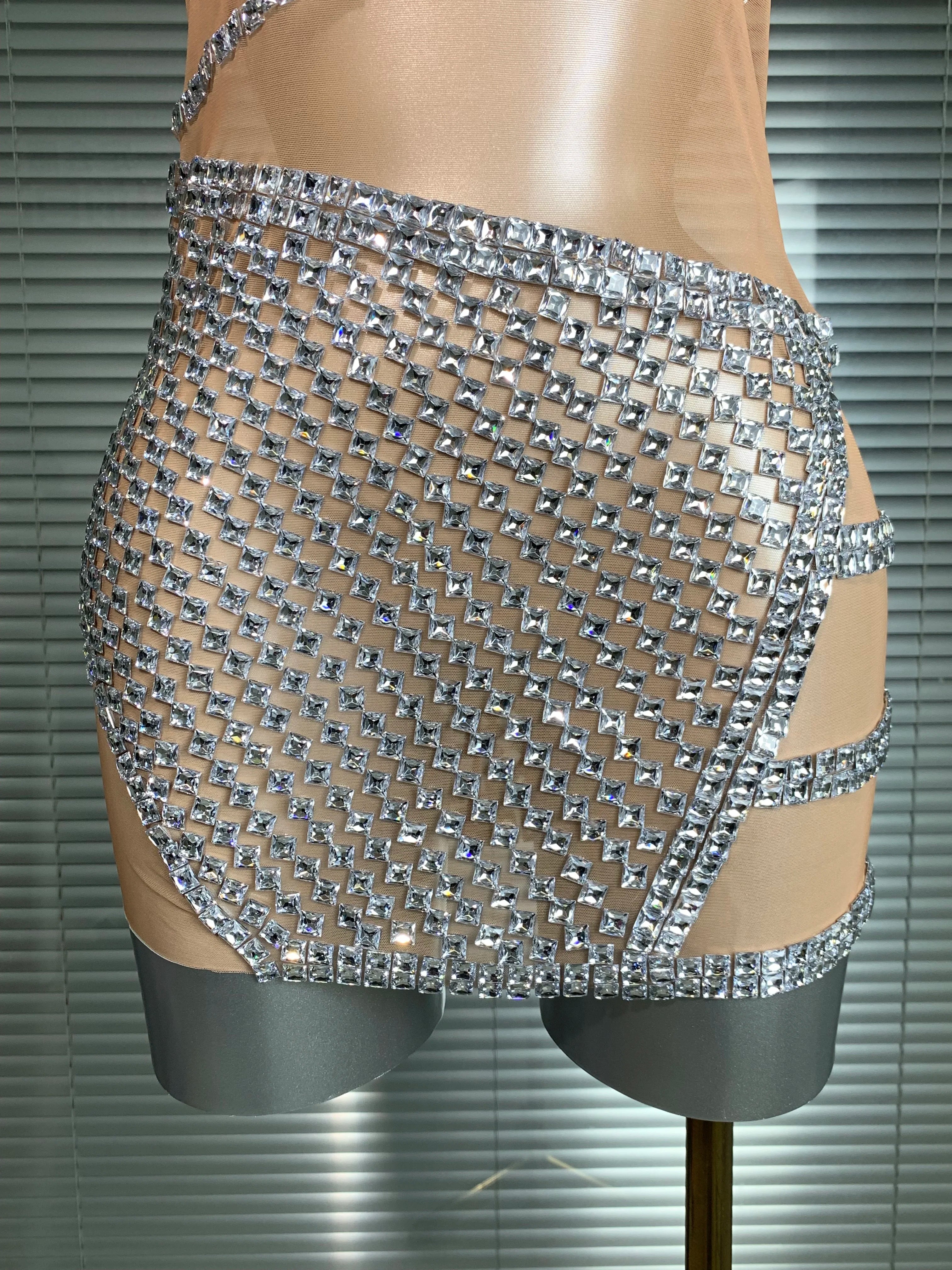 Celebrity New Women Sexy Mesh Sheer Crystal Stage Performance Costume Stage Dancer Singer Night Club Mini Party Dress