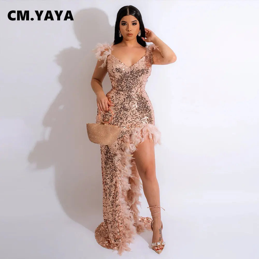 CM.YAYA Women Sequined Spaghetti Strap Feather Hem High Side Slit Mermaid Trumpet Bodycon Midi Evening Sexy Party Maxi Dresses