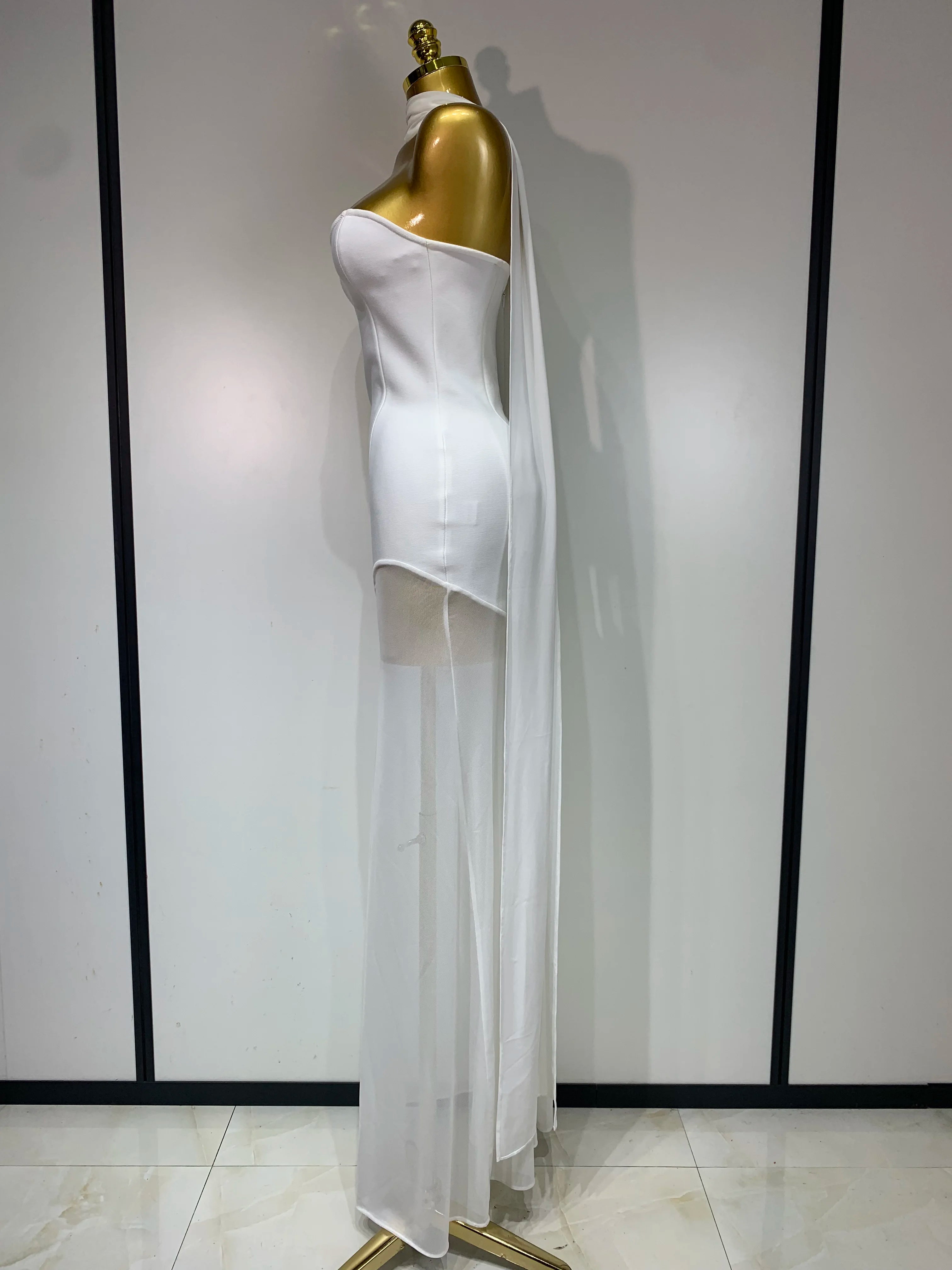 Women Sexy Strapless Mesh Patchwork Bandage Long Dress With Scarf 2025 Elegant Backless Maxi Dresses Celebrity Club Party Outfit