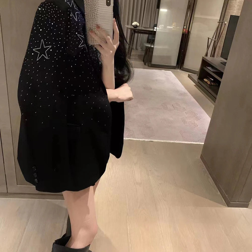 TWOTWINSTYLE Solid Spliced Bedazzle Jackets for Women Lapel Long Sleeves Patchwork Single Breasted Temperament Jacket Female New