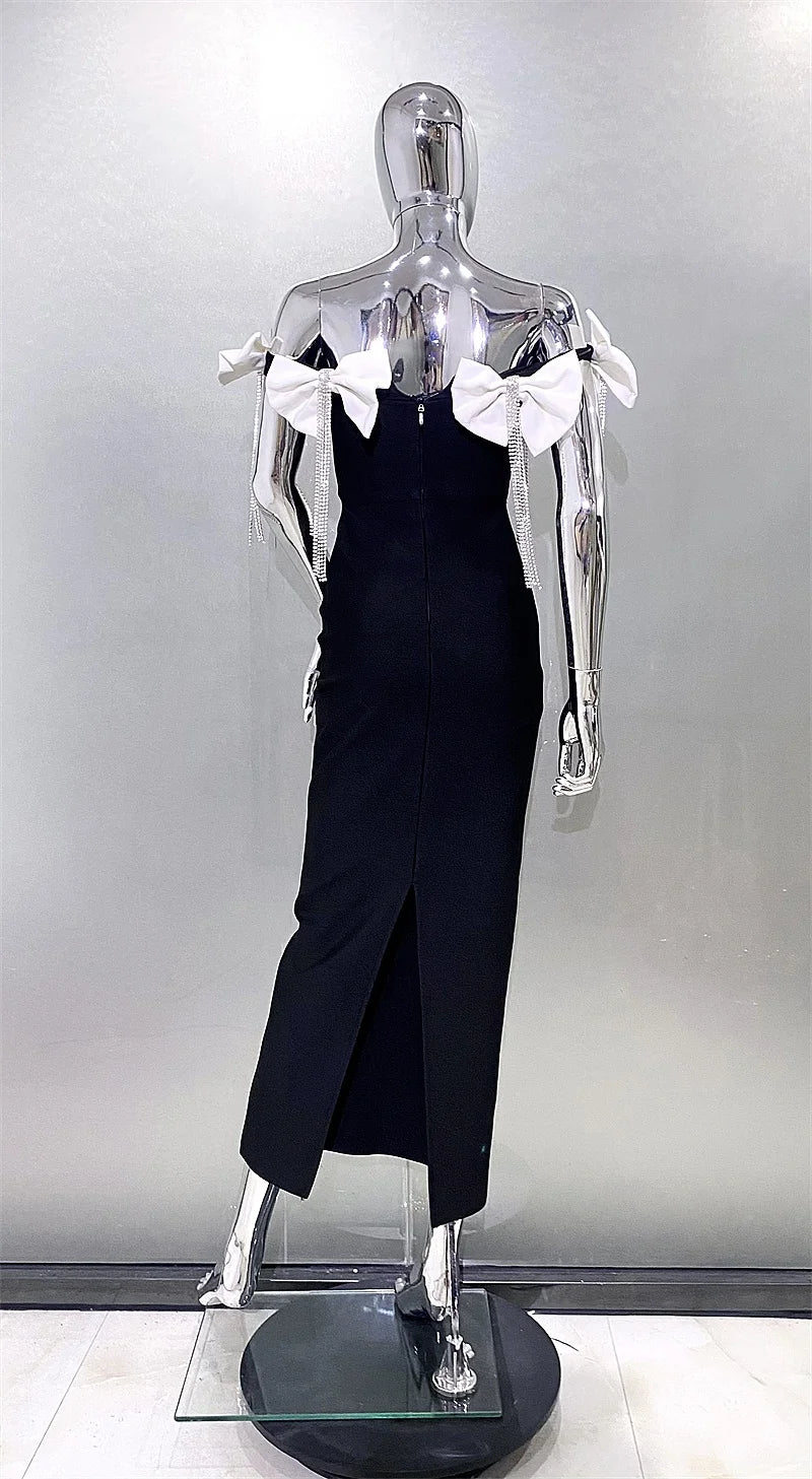 Sparkling Diamonds Tassel White Bows  Sexy Off The Shoulder Ankle Lenght Bandage Dress Woman Birthday Party Vestido