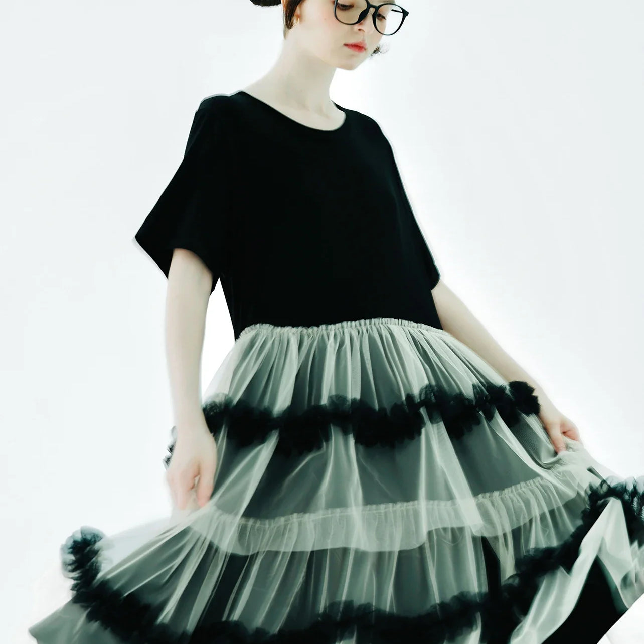 IMAKOKONI Original Design Black Short Sleeve Dress Mesh Splice Casual Loose Fit Dress 234147