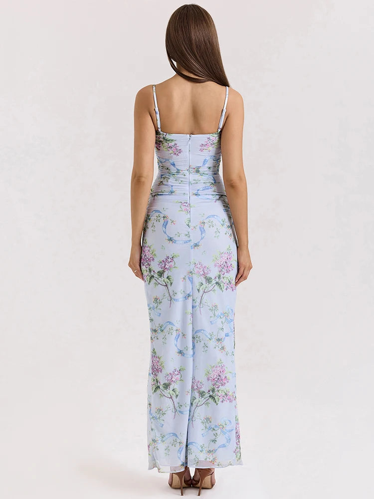 Vestido longo de malha com estampa floral azul para mulheres, com zíper, alças finas, sem mangas, costas nuas, fenda, vestido longo para festa