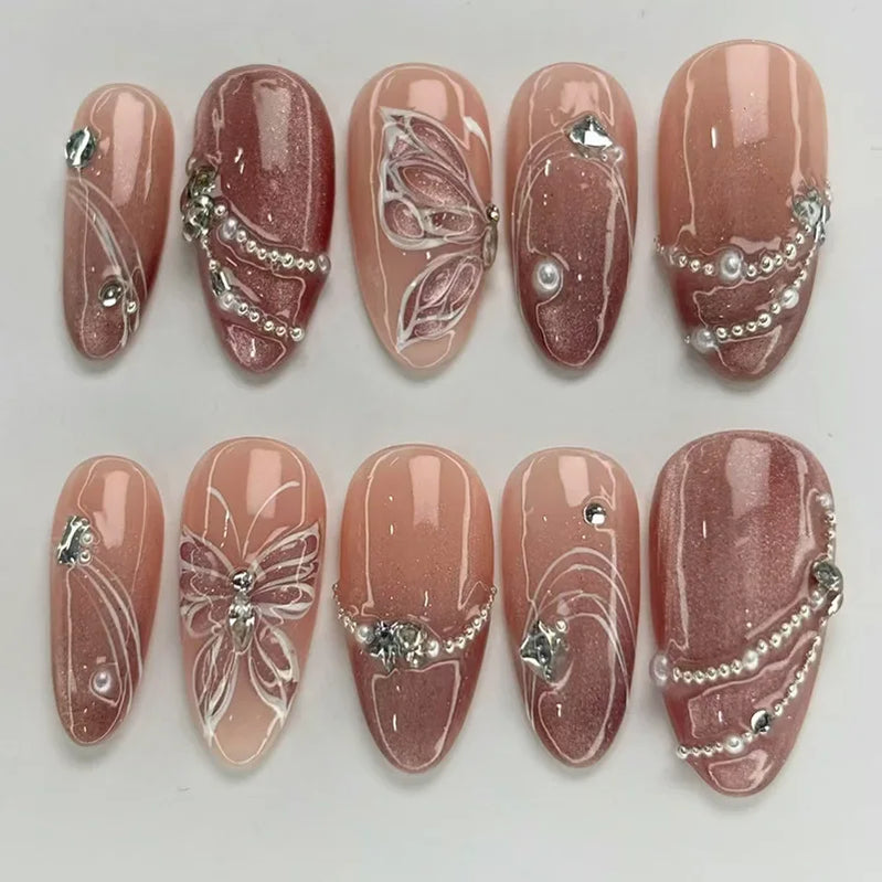 24pcs Wearable False Nails Red Purple Flower Pearl Fake Nail French Short Almond Press on Nails with Rhinestone Design Manicure