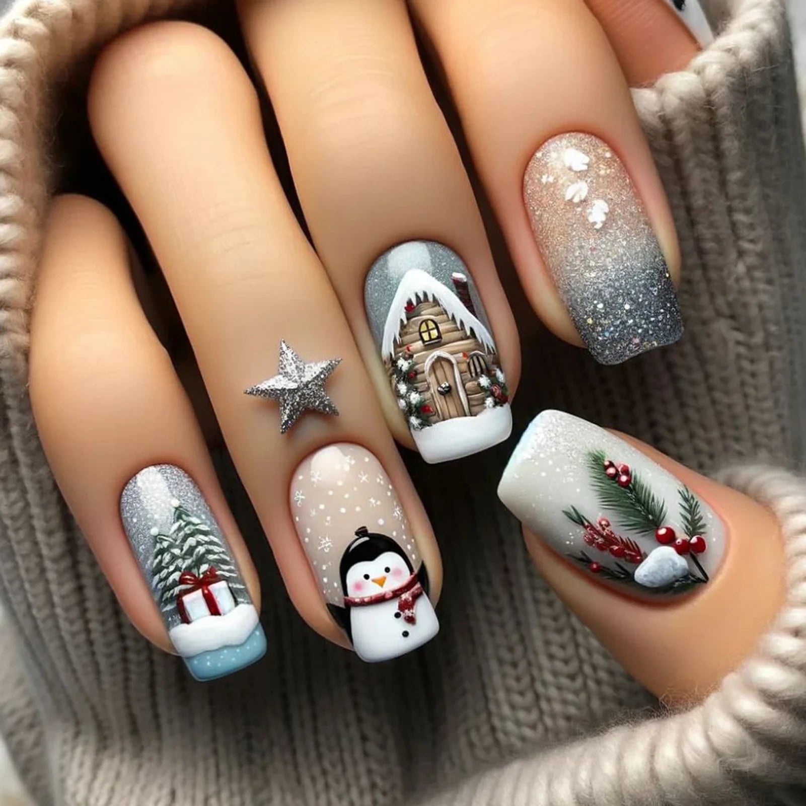 30Pcs Christmas Fake Nails With Penguin/Snowflake/Xmas Tree Designs Ballerina Press On Nails Women  Year Party False Nails