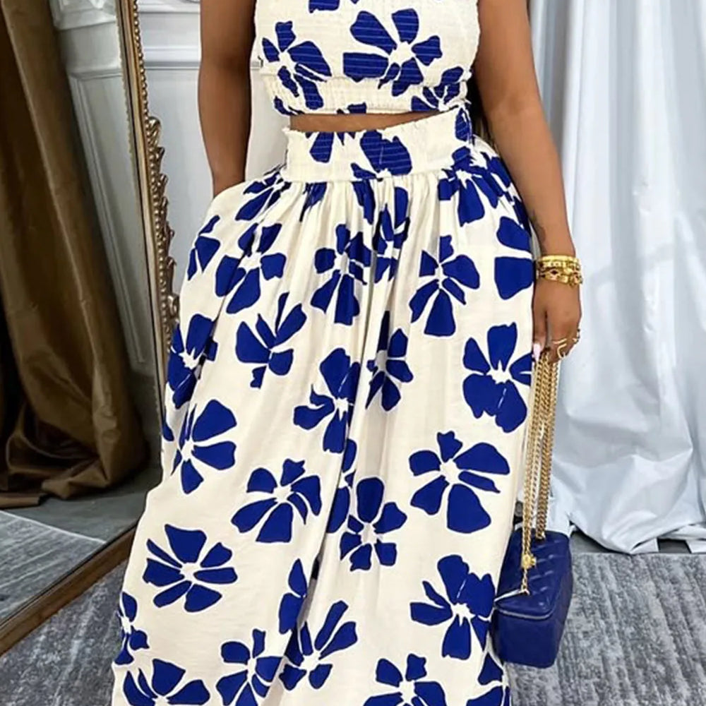 Plus Size Vacation Blue Graphic Pocket Smocking Two Piece Skirt Sets