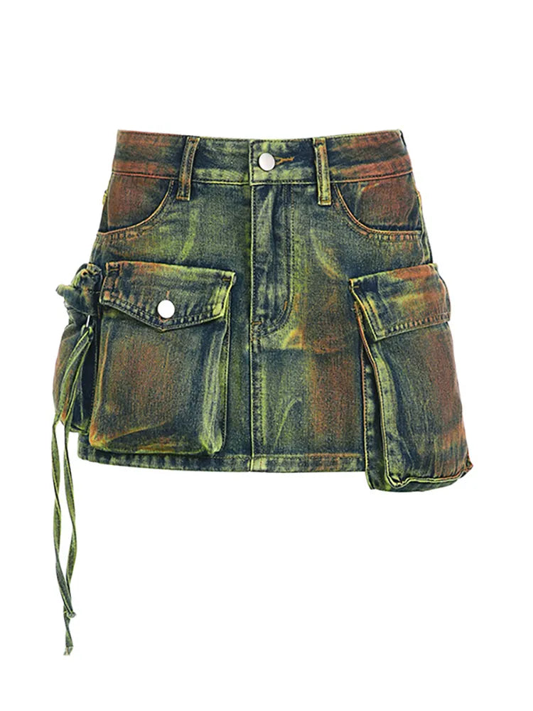 Women's Denim Skirts Tie-dye Green Irregular Spliced Multiple Pockets Cargo Mini Skirt Autumn Fashion Color