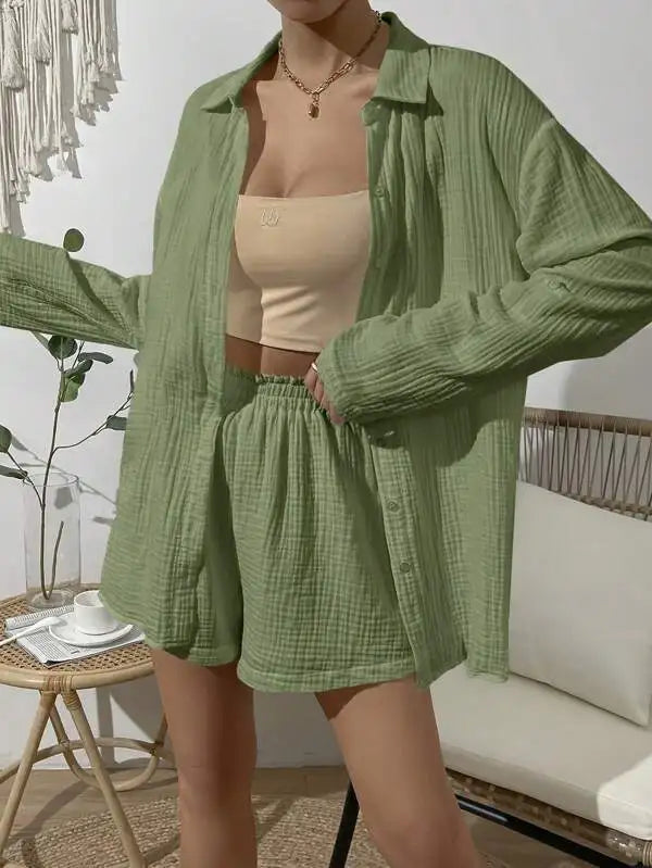 100% Cotton Gauze Muslin Sets For Women 2 Pieces Long Sleeve Shirts And Loose High Waist Mini Shorts Sets Ensemble Femme army green CN