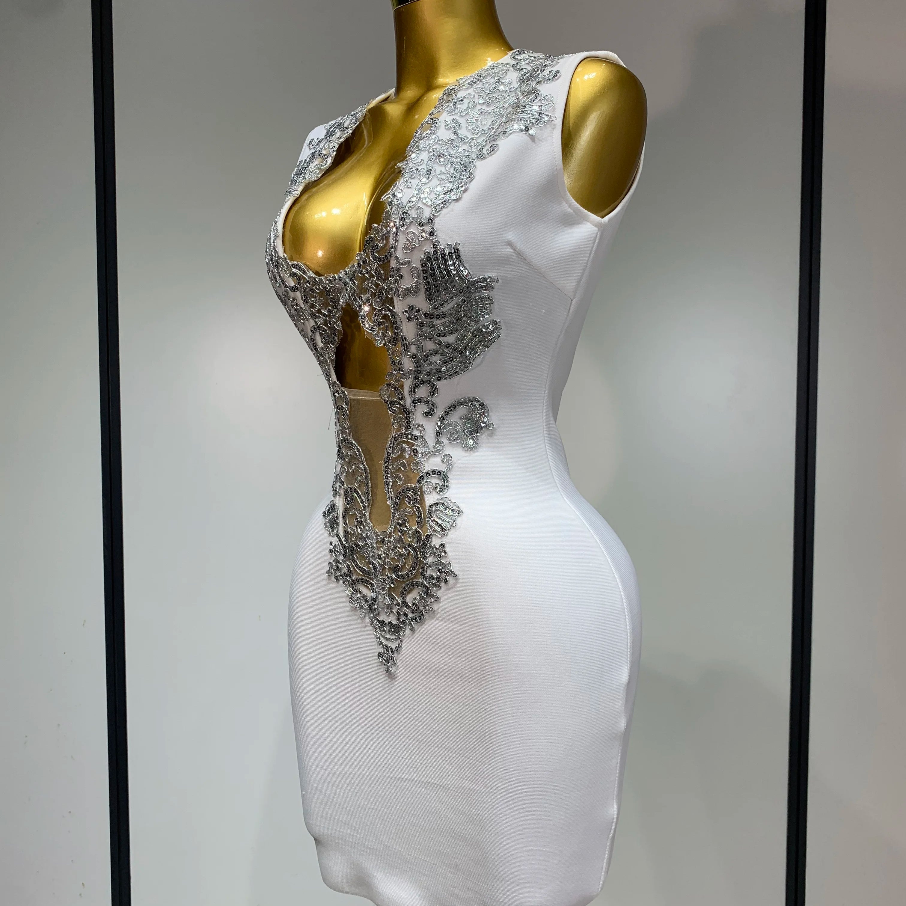 Women 2025 Sexy V Neck Cut Out Short Bandage Dress Silver Sequin White Elegant Luxury Birthday Party Club Wedding Vestidos