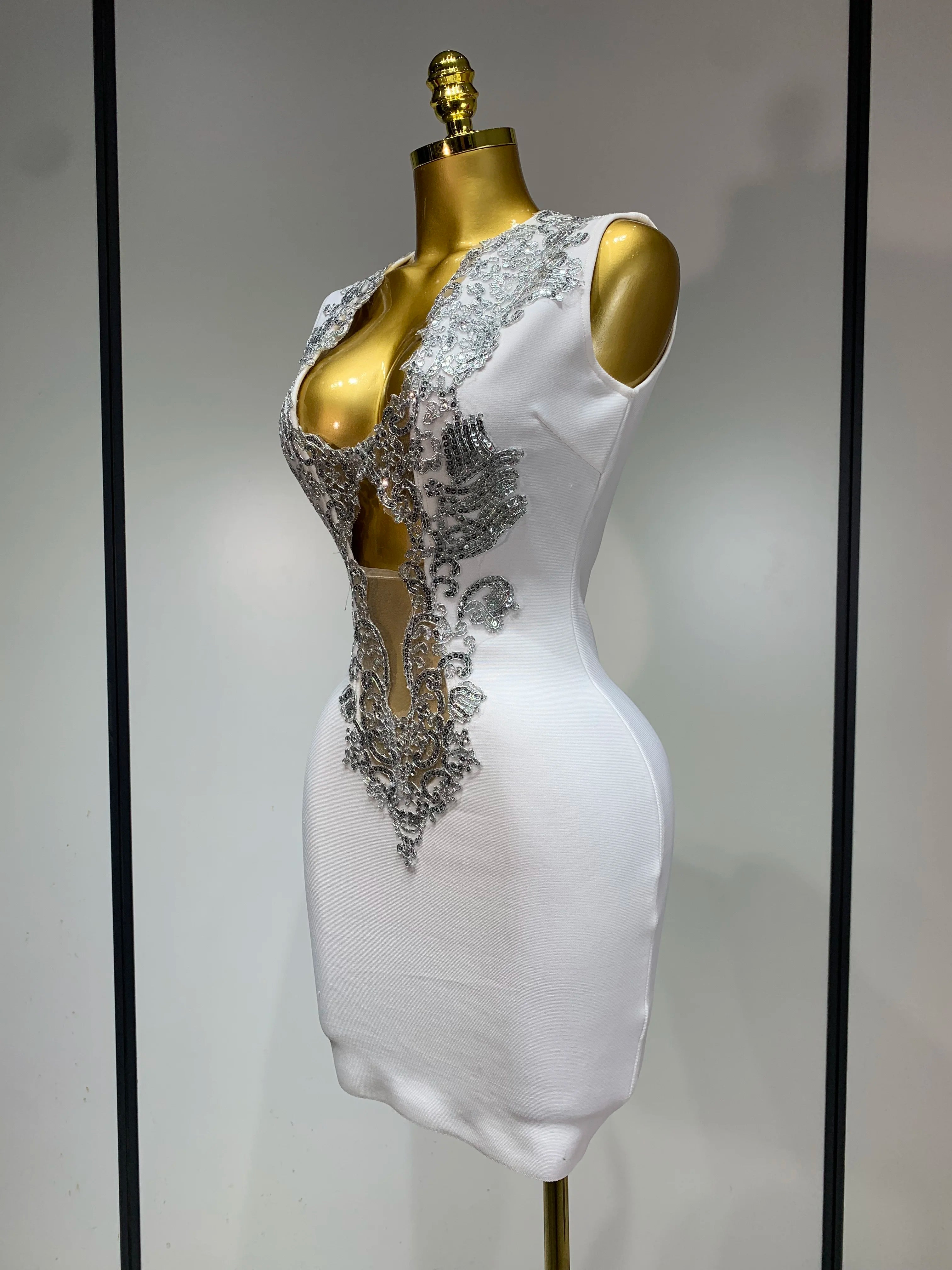 Women 2025 Sexy V Neck Cut Out Short Bandage Dress Silver Sequin White Elegant Luxury Birthday Party Club Wedding Vestidos