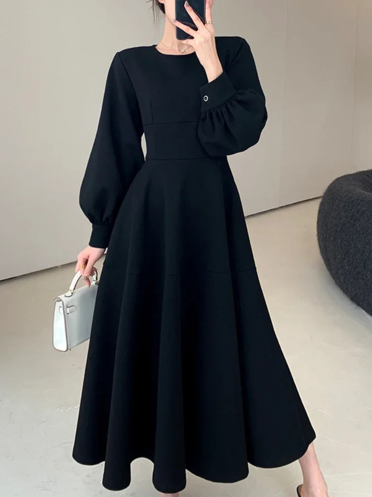Spring Elegant Women Fashion New Casual Black Dress Vintage A-Line Solid Party Birthday Robe Female Chic Clothes Mujers