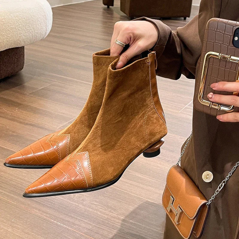 Spring Autumn Women's Ankle Boots Fashion Pointed Toe Short Botas Ladies Elegant Low Heel Shoes Winter Women's Pumps Brown