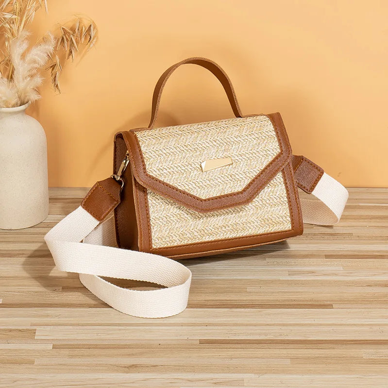 Straw Woven Handbag, Trendy and Fashionable, Simple Woven Sequin Decoration, Cross Body Small Square Bag Bags for Women Brown