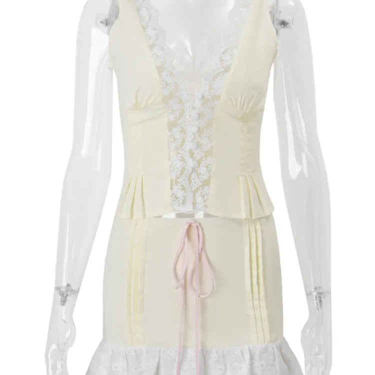 Lace Sexy Two Piece Sets Women Deep V Neck Sleeveless Crop Tops And Mini Skirt Matching Sets Elegant 2 Piece Sets