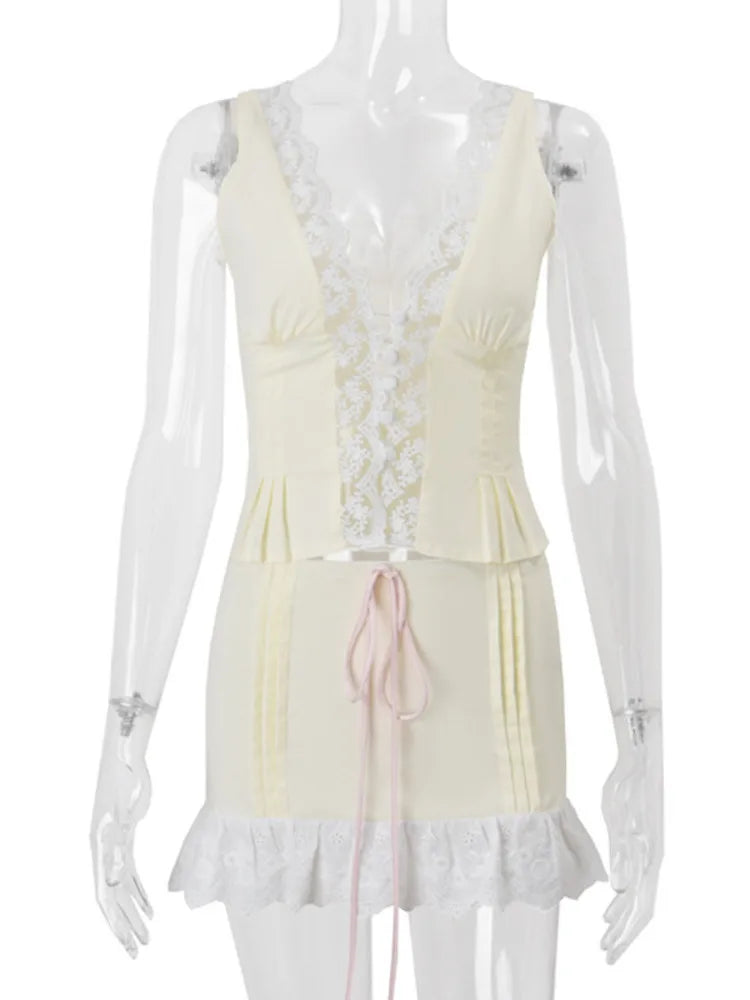 Lace Sexy Two Piece Sets Women Deep V Neck Sleeveless Crop Tops And Mini Skirt Matching Sets Elegant 2 Piece Sets