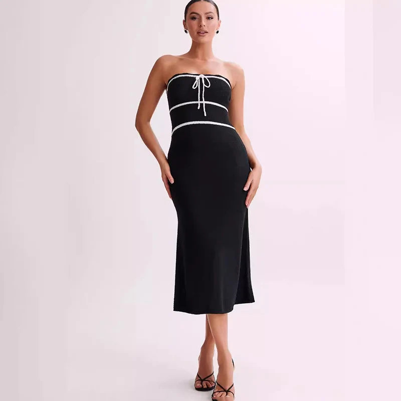 TARUXY Hot Summer Beach Knit Strapless Maxi Dress Bow Sexy Contrast Color Dress Slim Sleeveless Lace Up Knitwear Vacation Female Black