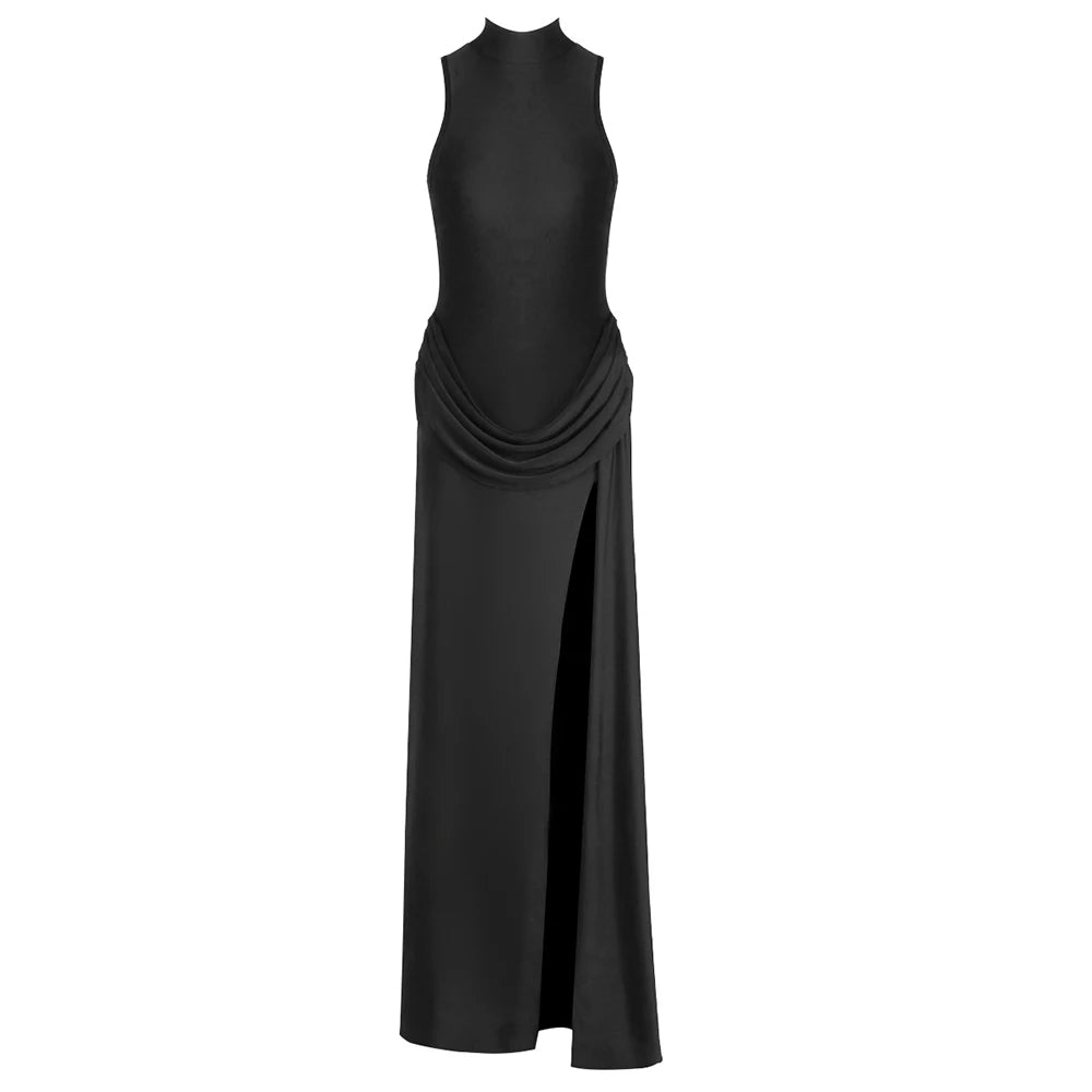 VC Sleek Black & White High-Neck Sleeveless Dress Gown with Dramatic High Slit & Draped Waist