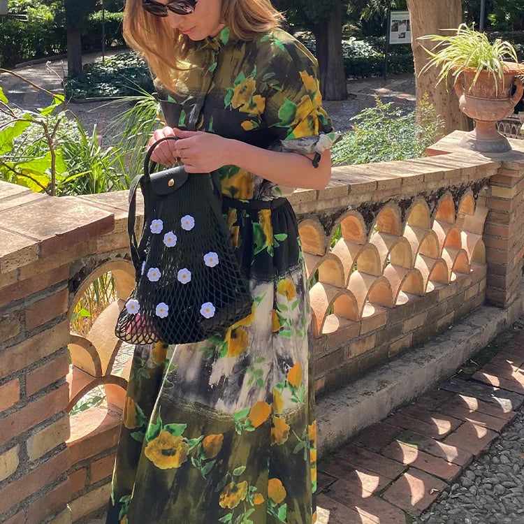 TRAF Summer Vintage Y2K Short Sleeve Green Floral Print Woman Zipper Shirt Set High Waisted A Line Pleated Skirt Suits