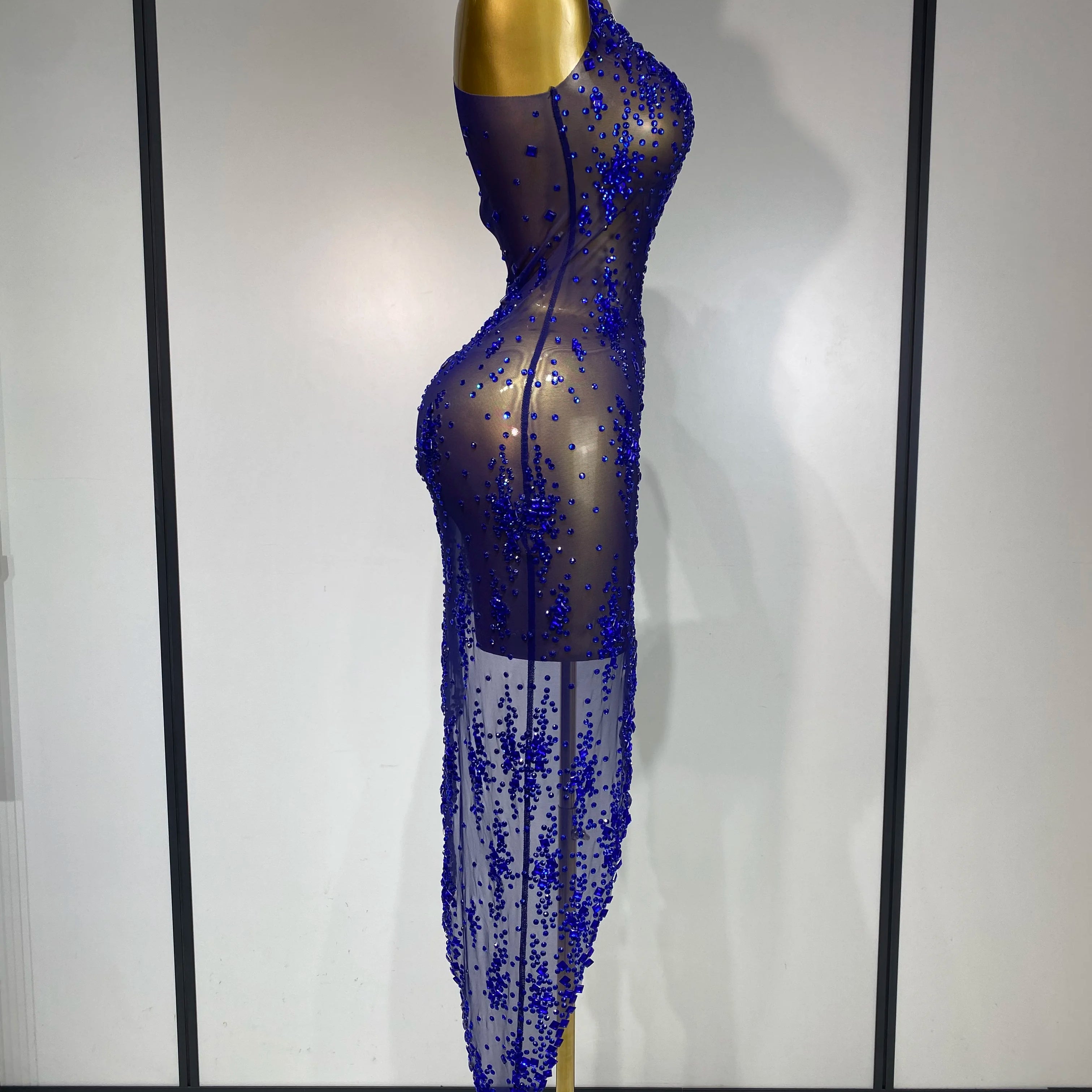 Women Sexy Luxury Birthday Prom Gowns Sparkly Diamond See Through Mesh Stretch Asymmetrical Dress Celebrity Elegant Stage Outfit