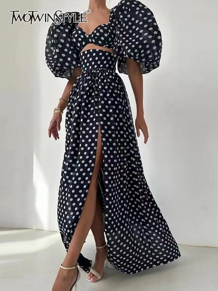 TWOTWINSTYLE elegant Polka dot two piece sets square collar puff sleeve tops high waist split skirt chic set female fashion 2023