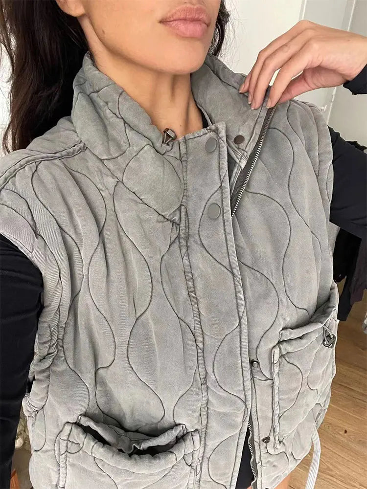 Autumn Winter Women Pocket Parkas Cotton Vest Jacket Zipper Sleeveless Female Padded Waistcoat