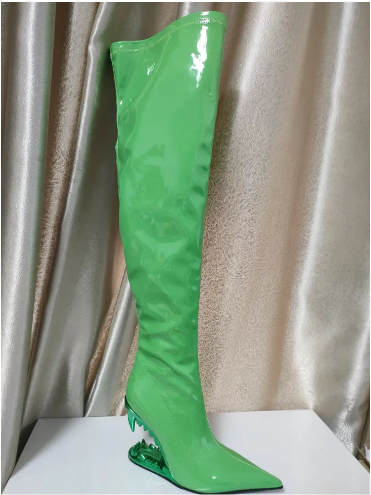 European and American New Knee-length Thigh Women's Boots Fashion Pointed Side Zipper Teeth High Heels Show Patent Leather Boots