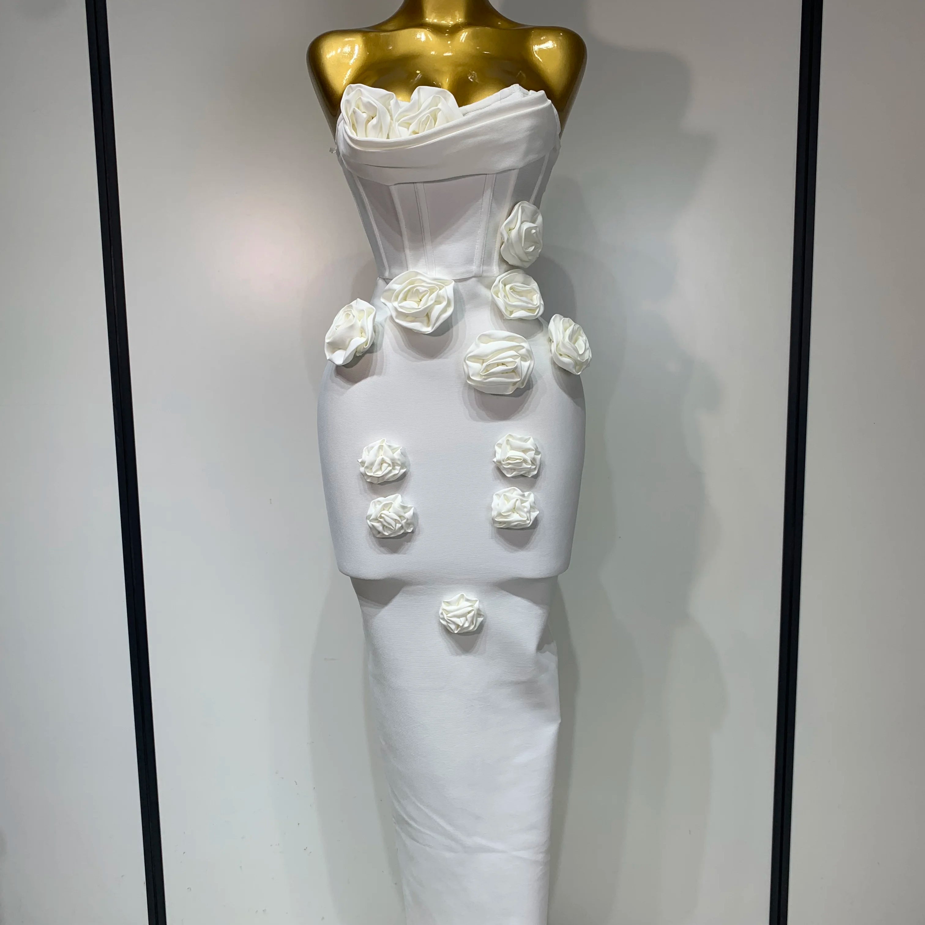 Women Sexy Bodycon Dress Fashion White Elegant Strapless Flower Slim Dress Casual Streetwear Club Birthday Party Dresses