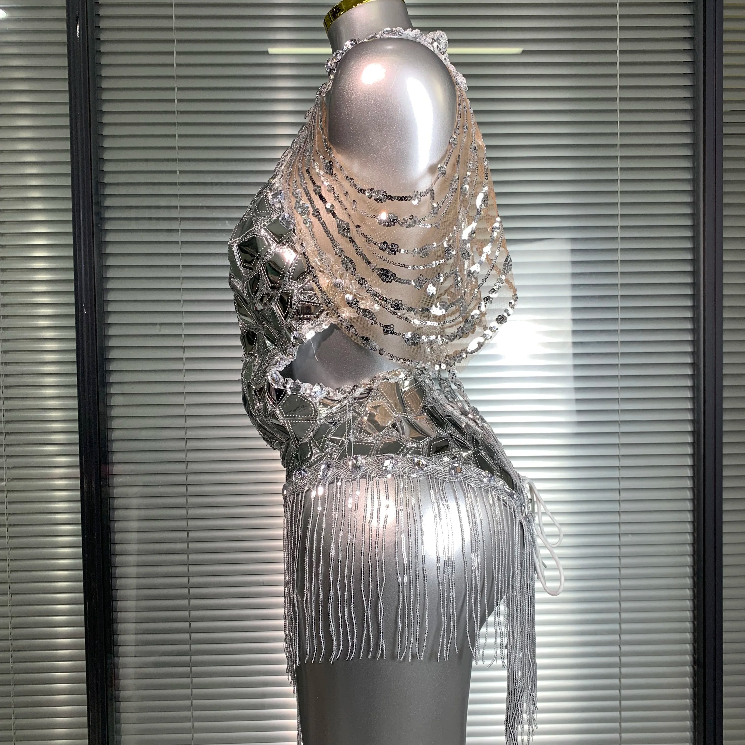 Women Sexy Y2K Silver Tassel Mini Dress Sparkly Sequins Night Club Performance Costume Stage Dancer Night Club Party Dress