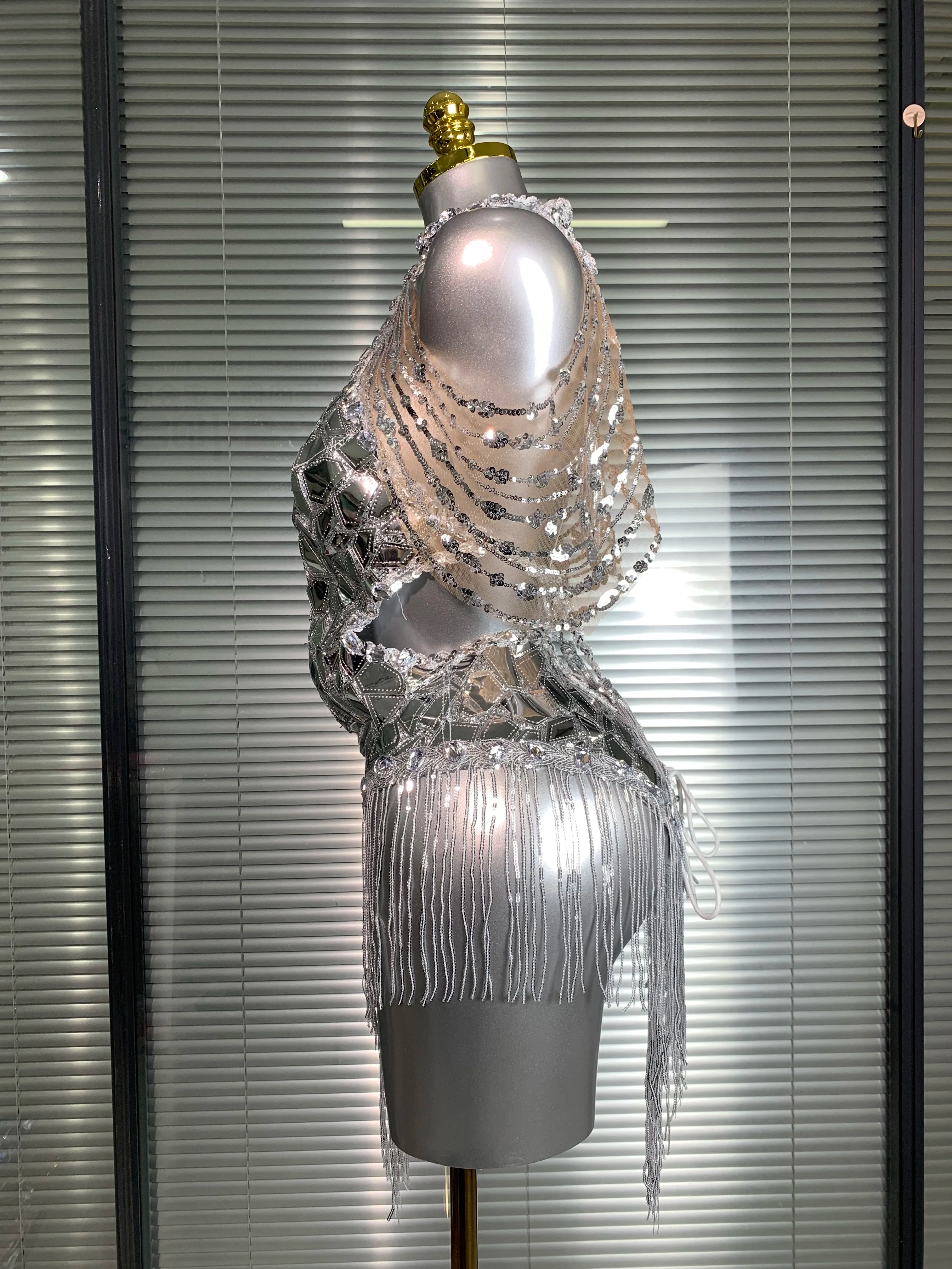 Women Sexy Y2K Silver Tassel Mini Dress Sparkly Sequins Night Club Performance Costume Stage Dancer Night Club Party Dress
